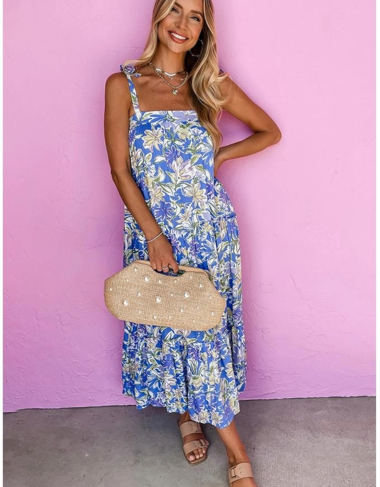 Sky Blue Floral Print Self-tie Straps Flowy Ruffle Long Dress