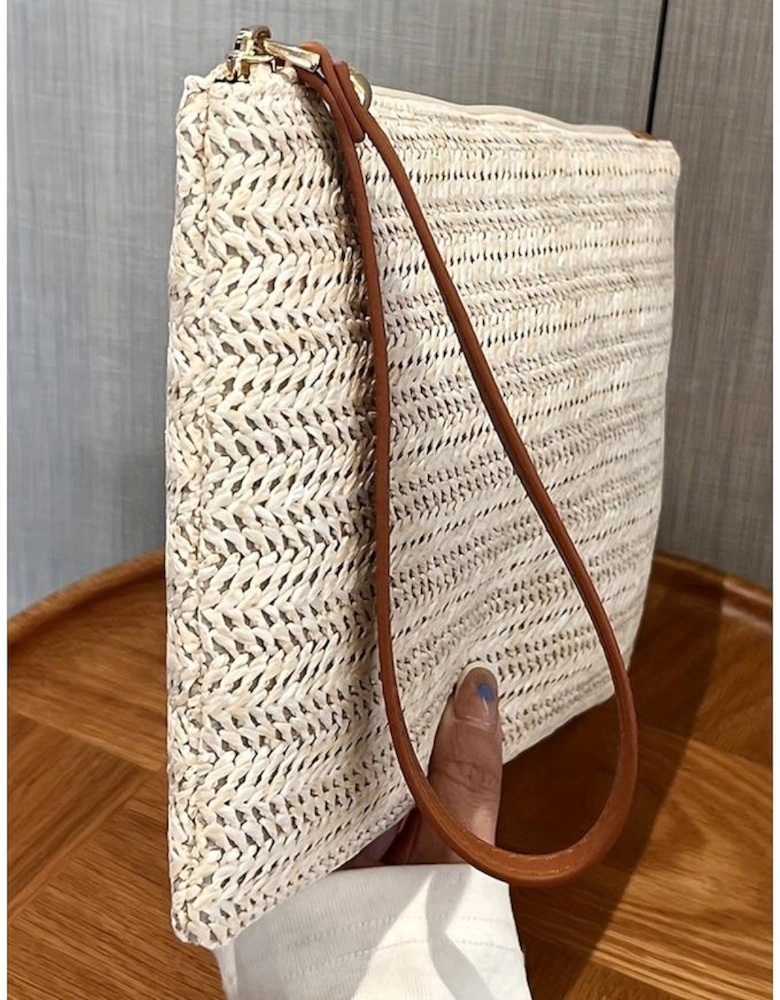 Oatmeal Straw Woven Wrist Strap Zipper Large Wallet