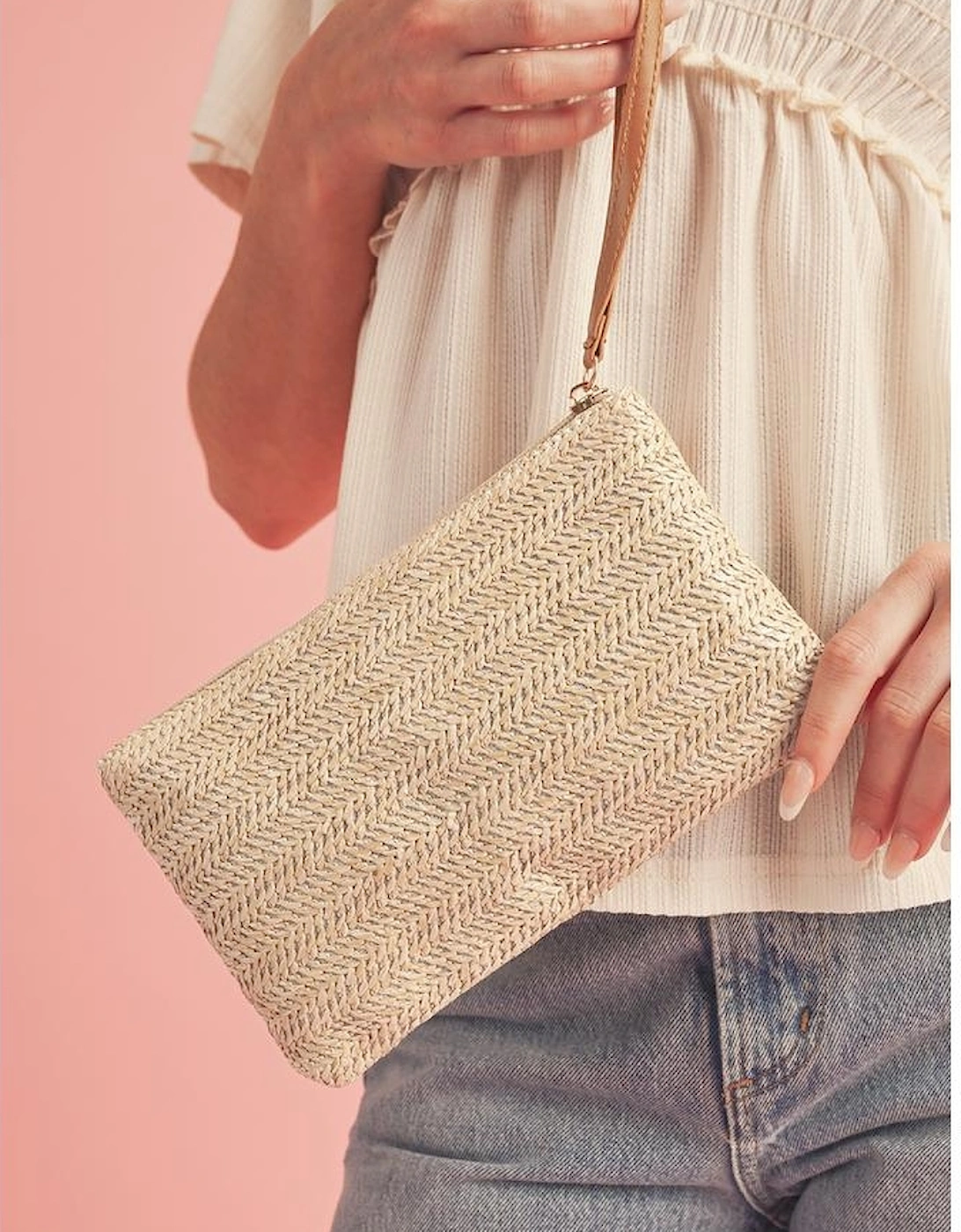 Oatmeal Straw Woven Wrist Strap Zipper Large Wallet