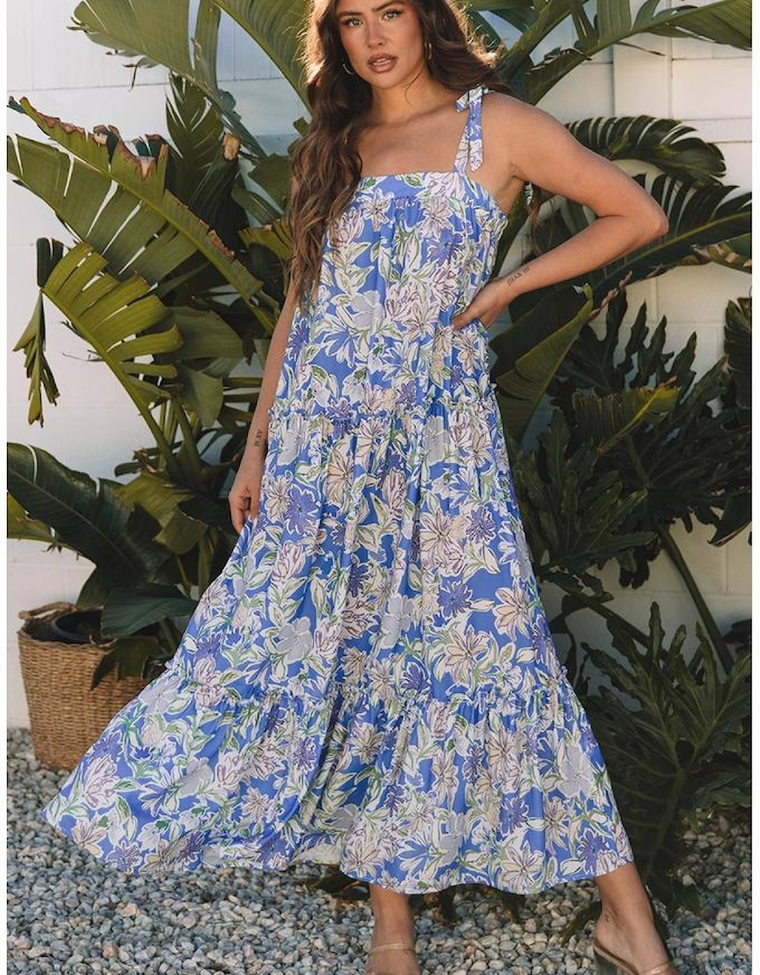 Sky Blue Floral Print Self-tie Straps Flowy Ruffle Long Dress
