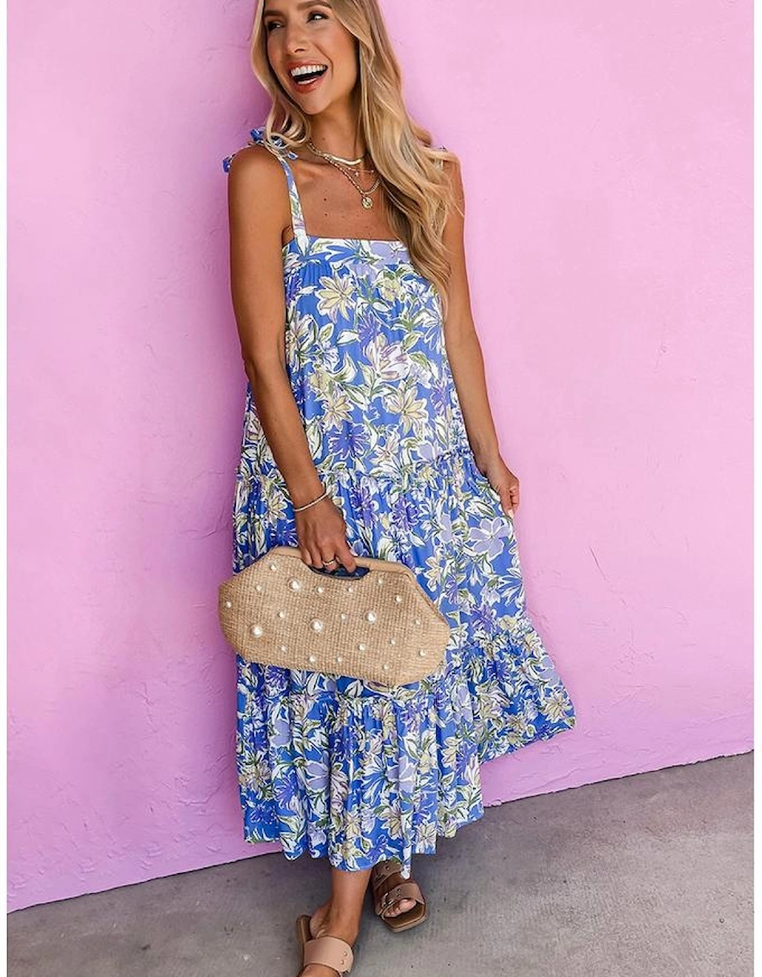 Sky Blue Floral Print Self-tie Straps Flowy Ruffle Long Dress
