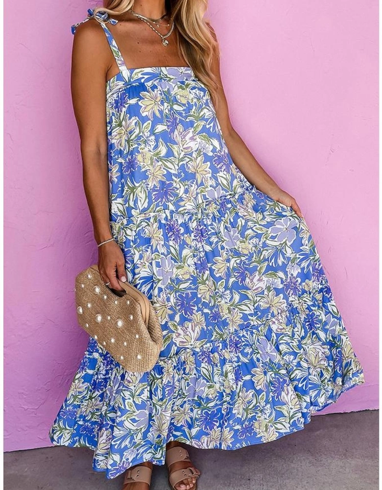 Sky Blue Floral Print Self-tie Straps Flowy Ruffle Long Dress