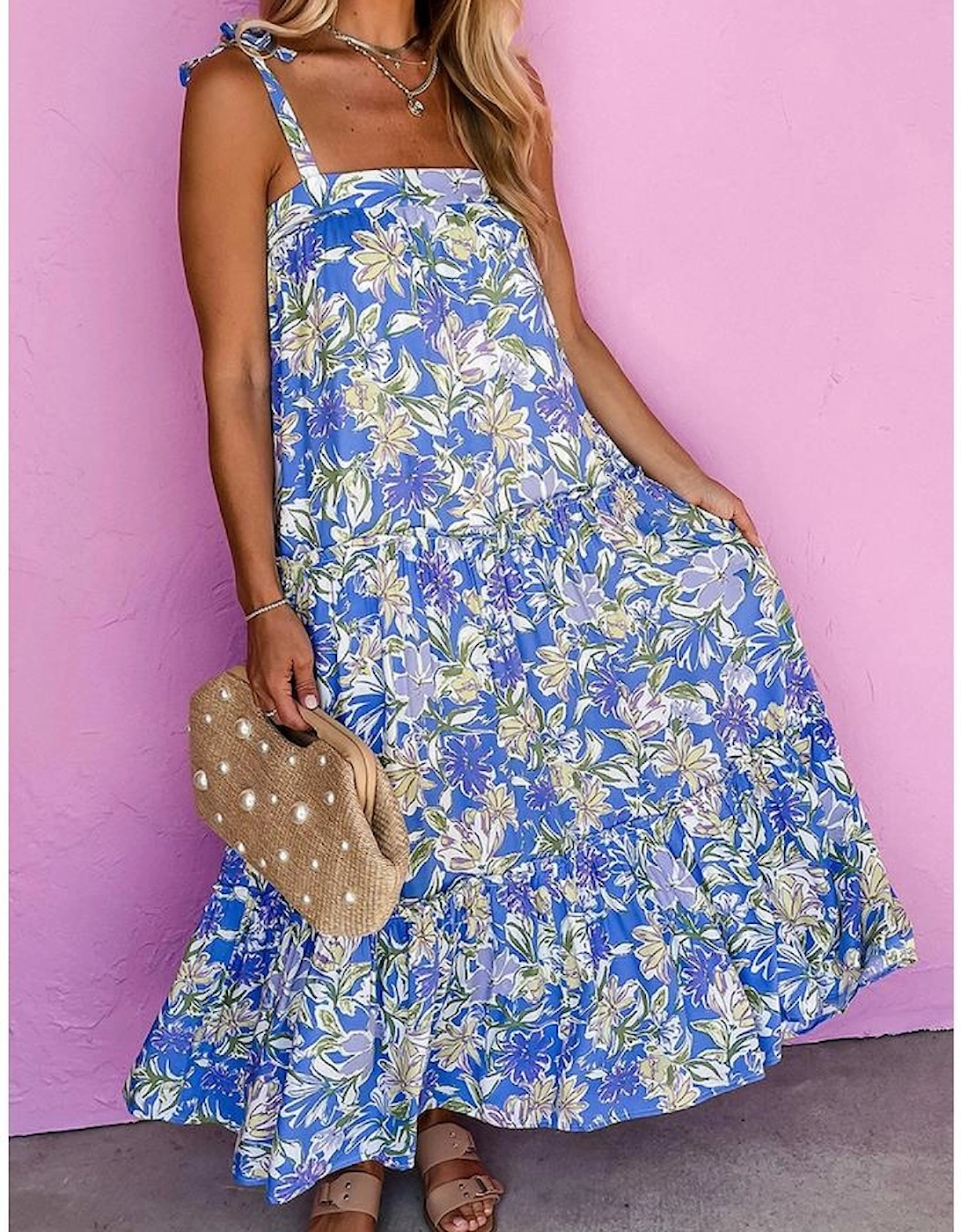 Sky Blue Floral Print Self-tie Straps Flowy Ruffle Long Dress
