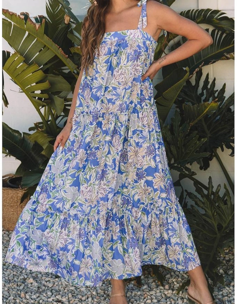 Sky Blue Floral Print Self-tie Straps Flowy Ruffle Long Dress