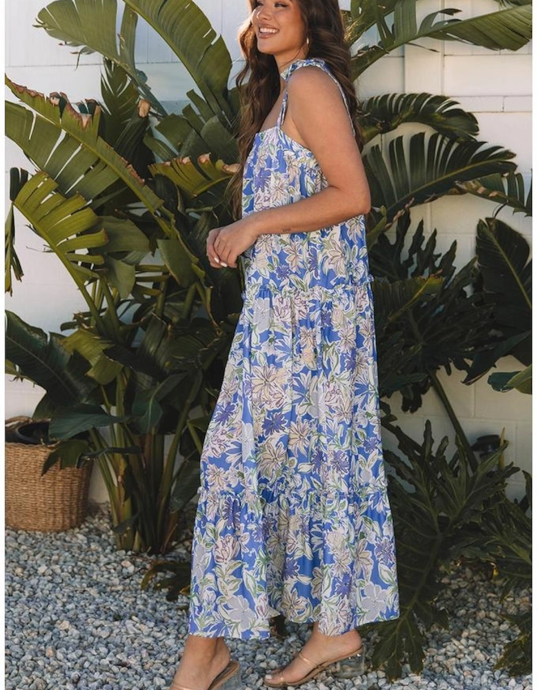 Sky Blue Floral Print Self-tie Straps Flowy Ruffle Long Dress