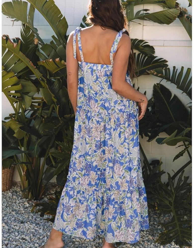 Sky Blue Floral Print Self-tie Straps Flowy Ruffle Long Dress