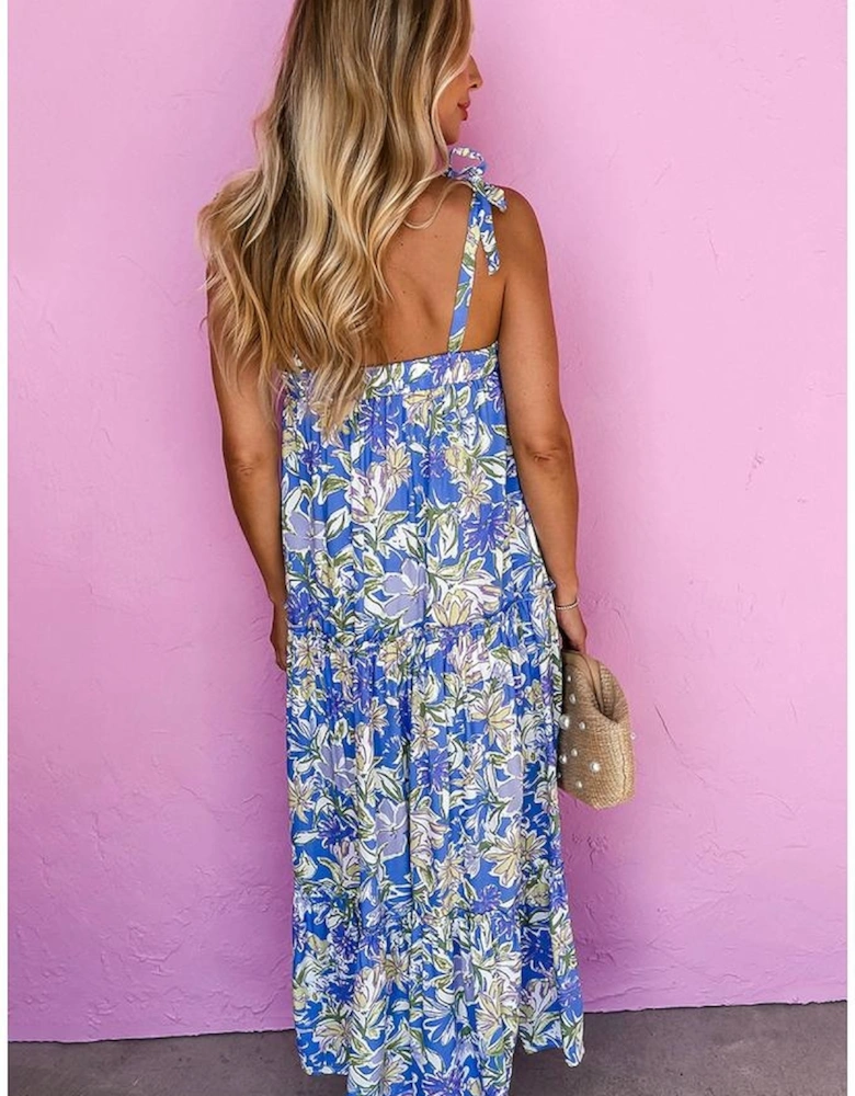 Sky Blue Floral Print Self-tie Straps Flowy Ruffle Long Dress