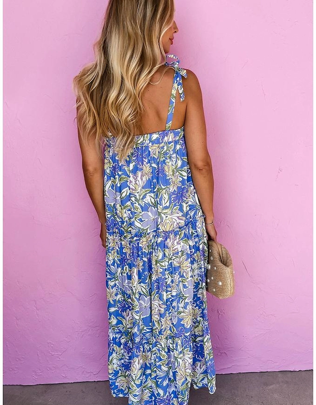 Sky Blue Floral Print Self-tie Straps Flowy Ruffle Long Dress