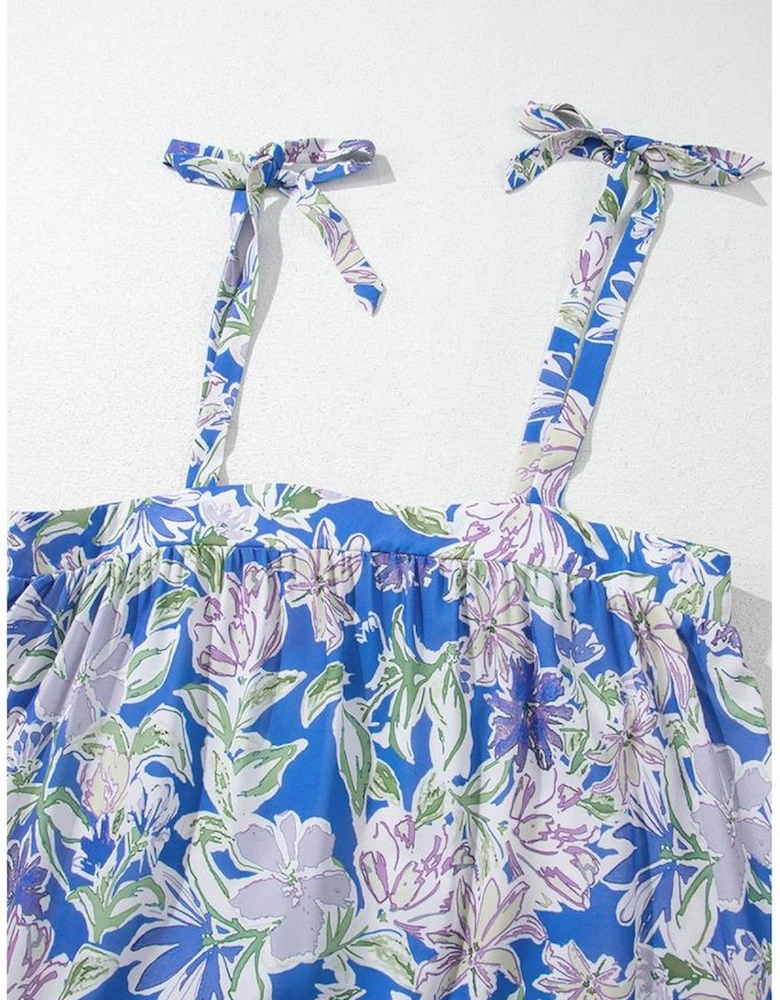 Sky Blue Floral Print Self-tie Straps Flowy Ruffle Long Dress