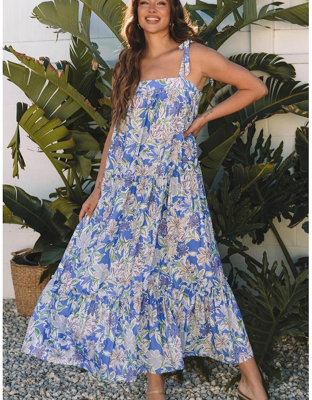 Sky Blue Floral Print Self-tie Straps Flowy Ruffle Long Dress