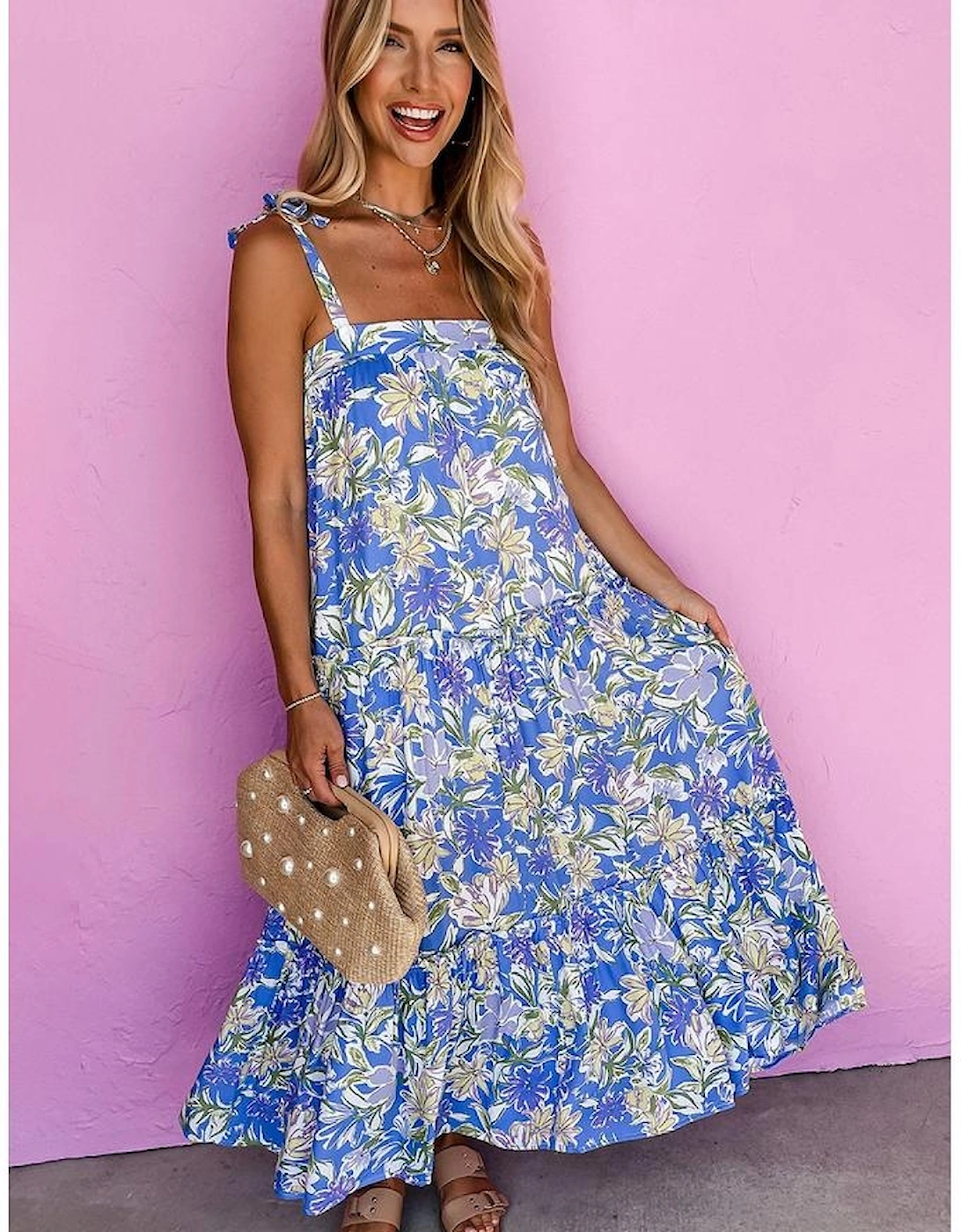 Sky Blue Floral Print Self-tie Straps Flowy Ruffle Long Dress