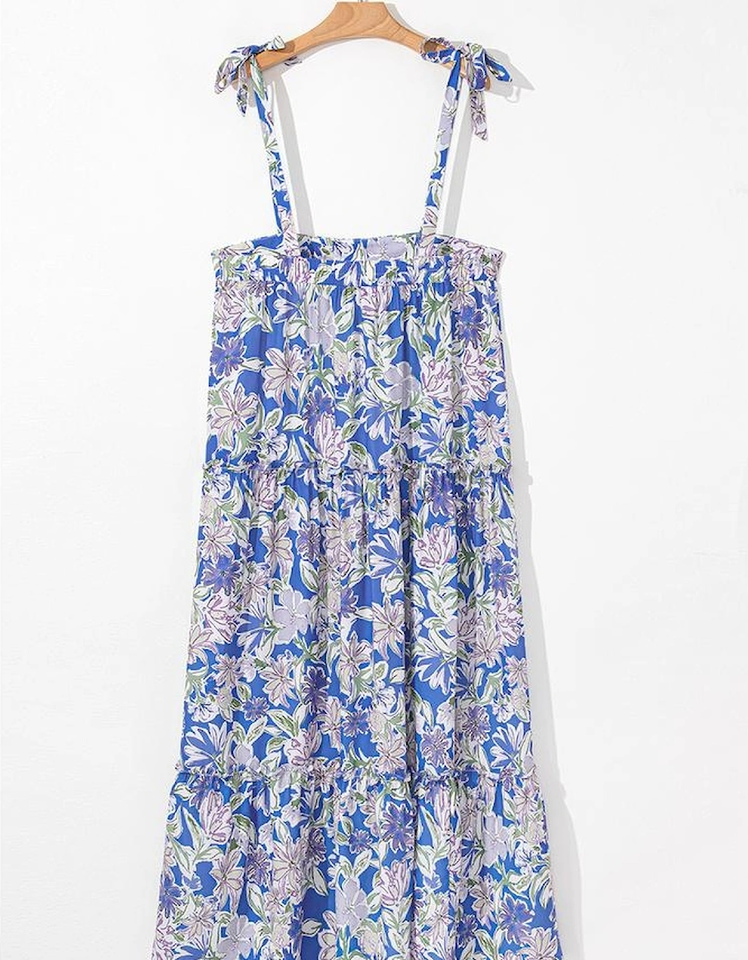 Sky Blue Floral Print Self-tie Straps Flowy Ruffle Long Dress
