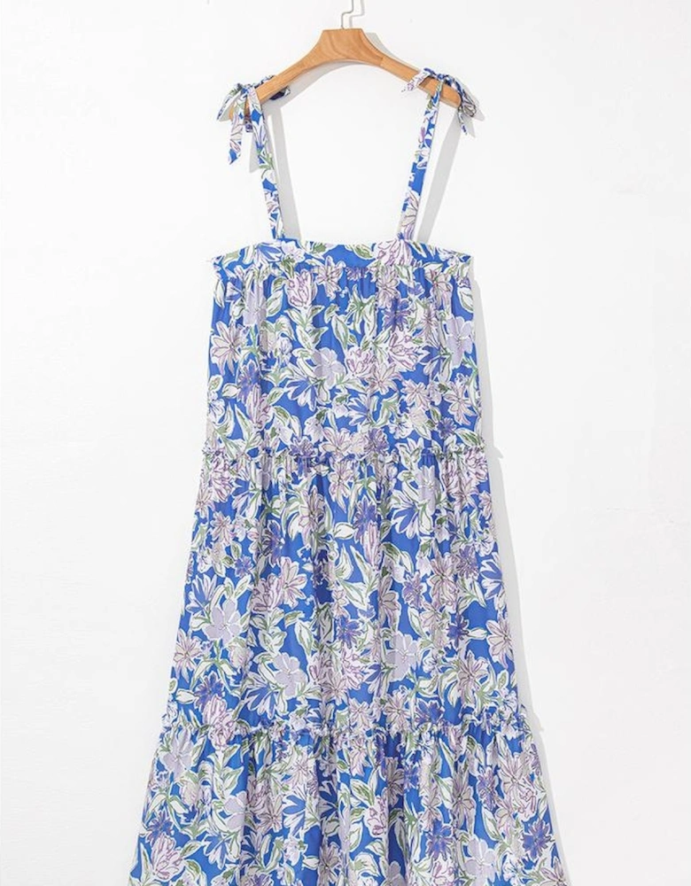 Sky Blue Floral Print Self-tie Straps Flowy Ruffle Long Dress