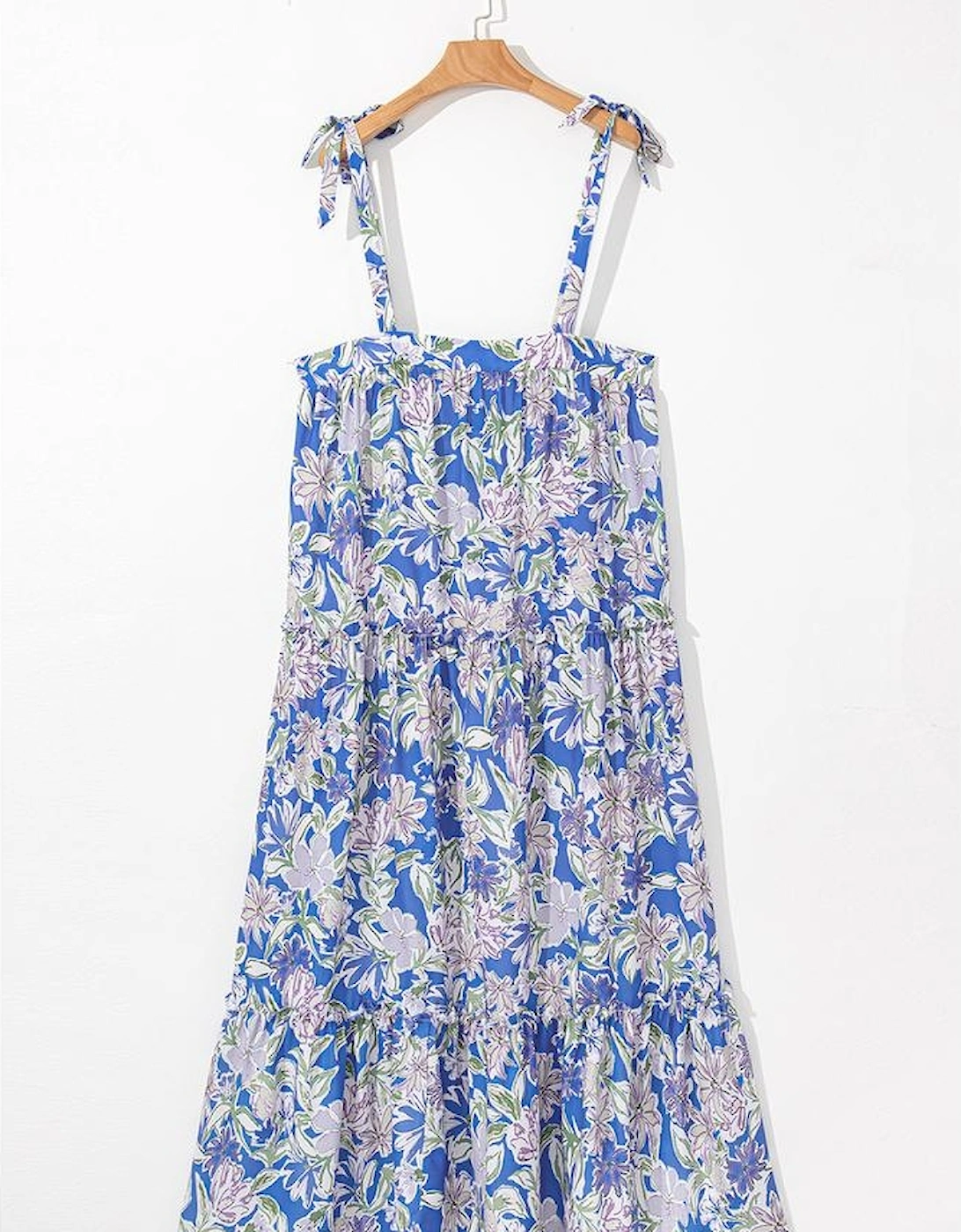 Sky Blue Floral Print Self-tie Straps Flowy Ruffle Long Dress
