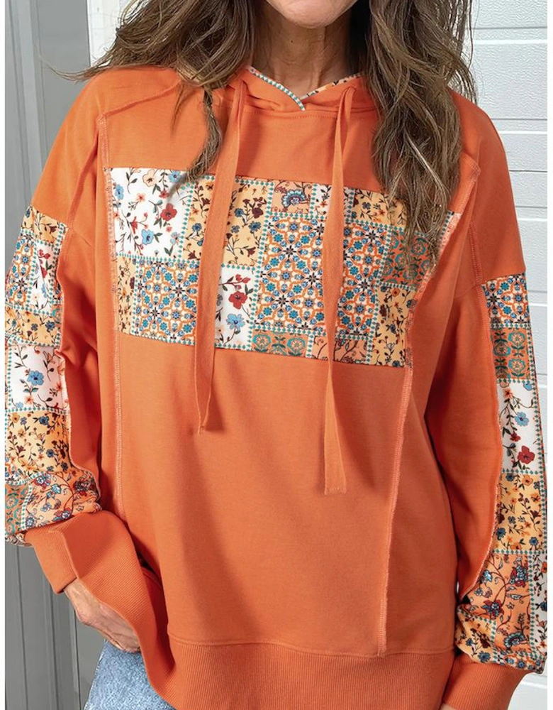 Flamingo Mix Floral Patchwork Side Slit Drawstring Hoodie