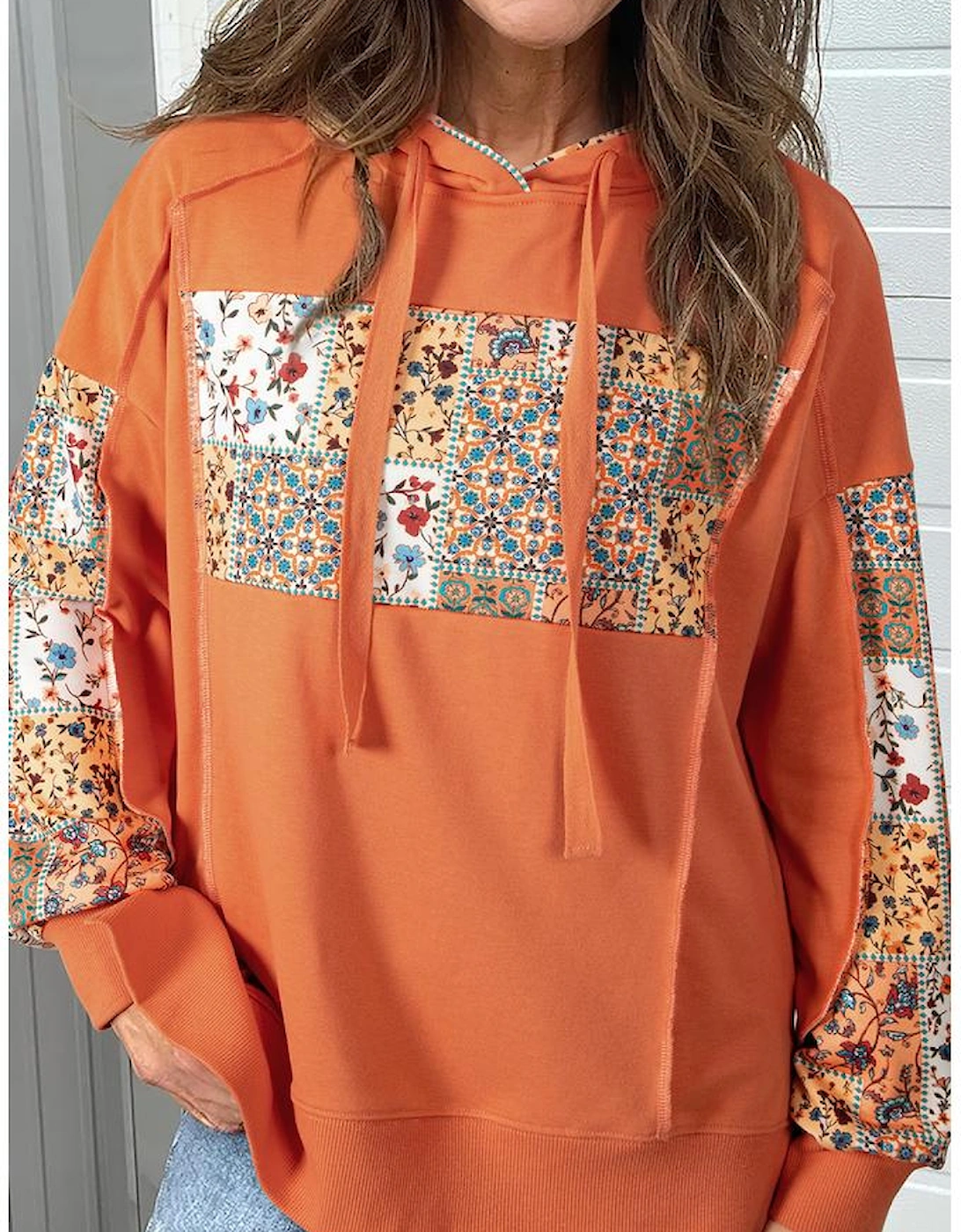 Flamingo Mix Floral Patchwork Side Slit Drawstring Hoodie