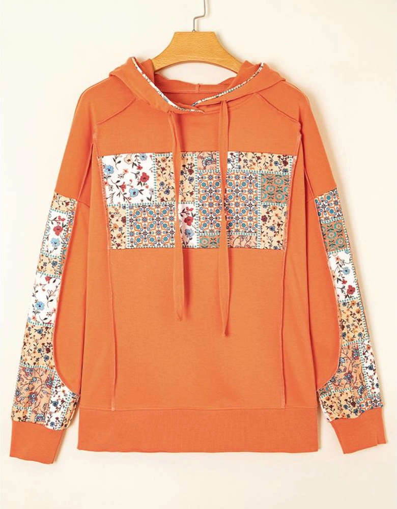 Flamingo Mix Floral Patchwork Side Slit Drawstring Hoodie