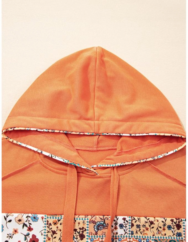 Flamingo Mix Floral Patchwork Side Slit Drawstring Hoodie
