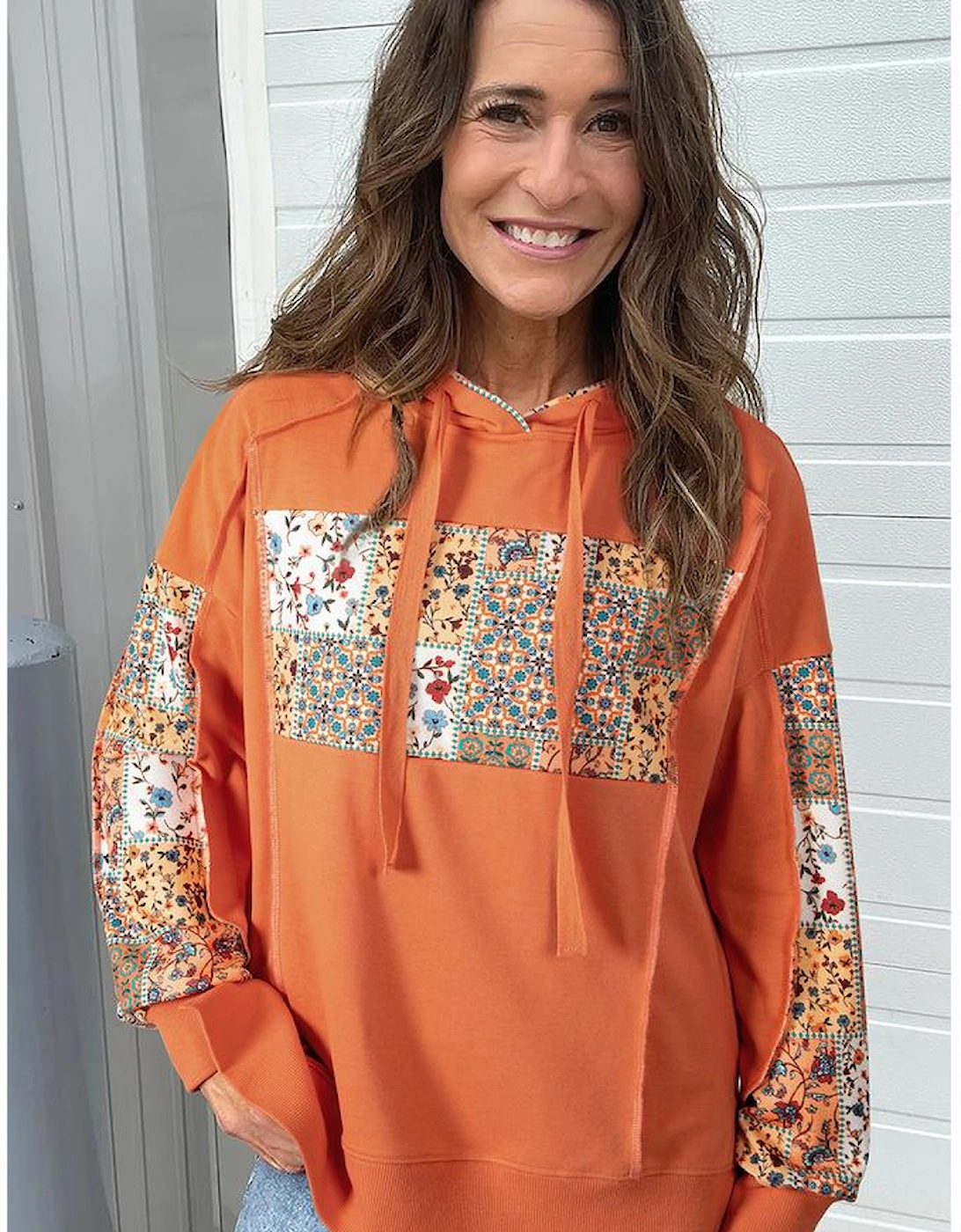 Flamingo Mix Floral Patchwork Side Slit Drawstring Hoodie