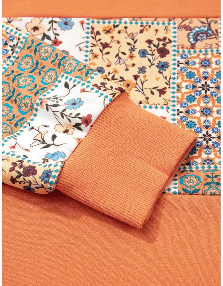 Flamingo Mix Floral Patchwork Side Slit Drawstring Hoodie