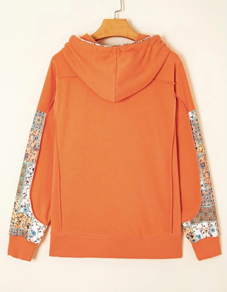 Flamingo Mix Floral Patchwork Side Slit Drawstring Hoodie