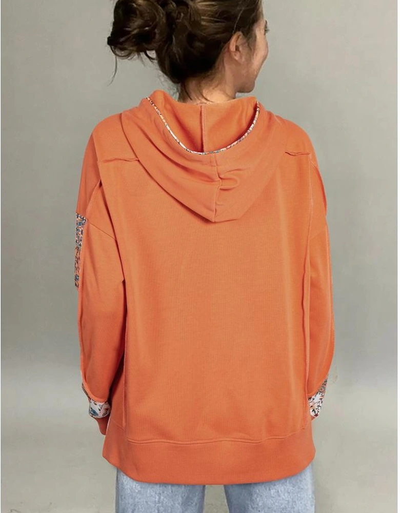 Flamingo Mix Floral Patchwork Side Slit Drawstring Hoodie