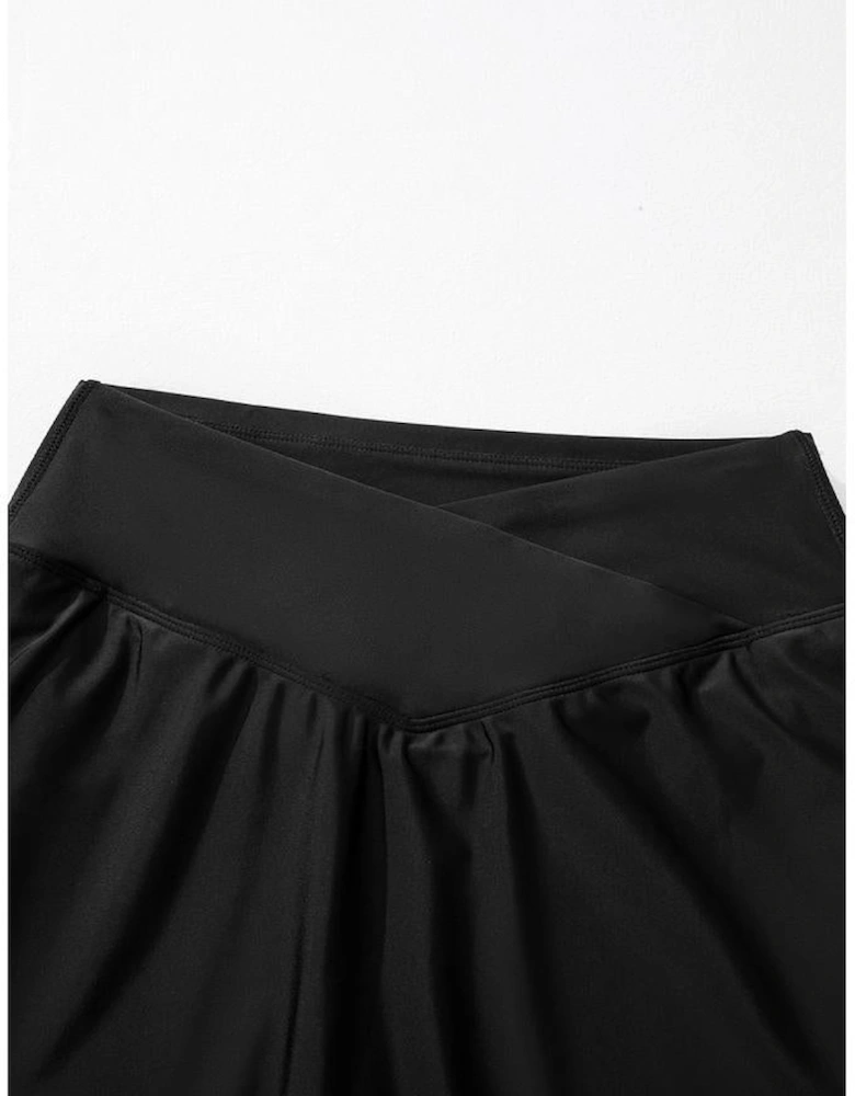 Black Solid Pocketed Crossover High Waist Swim Skort