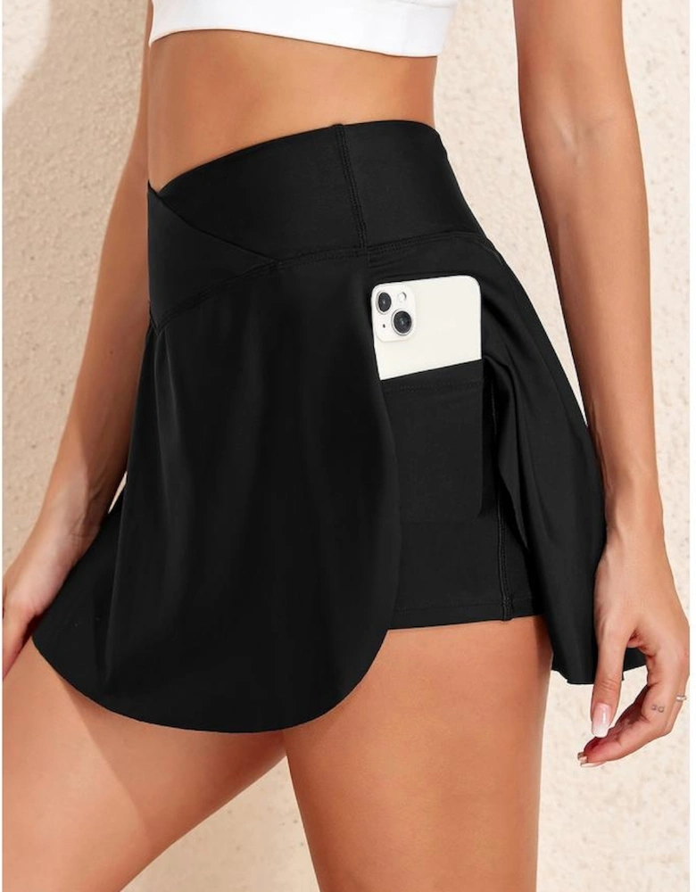 Black Solid Pocketed Crossover High Waist Swim Skort