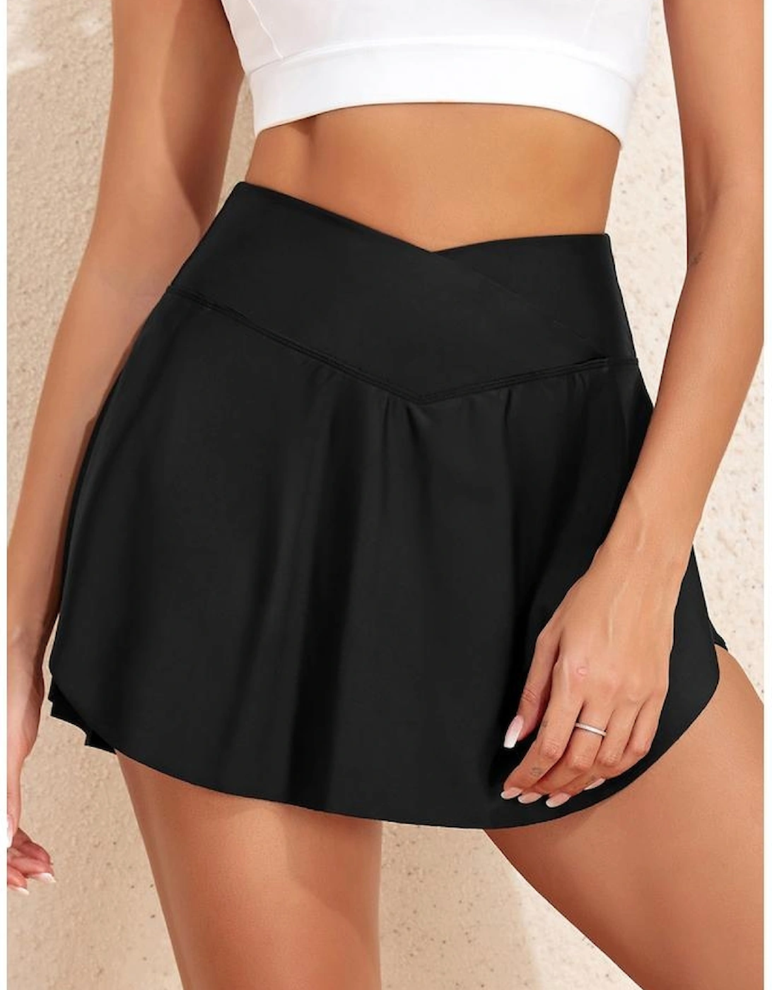 Black Solid Pocketed Crossover High Waist Swim Skort