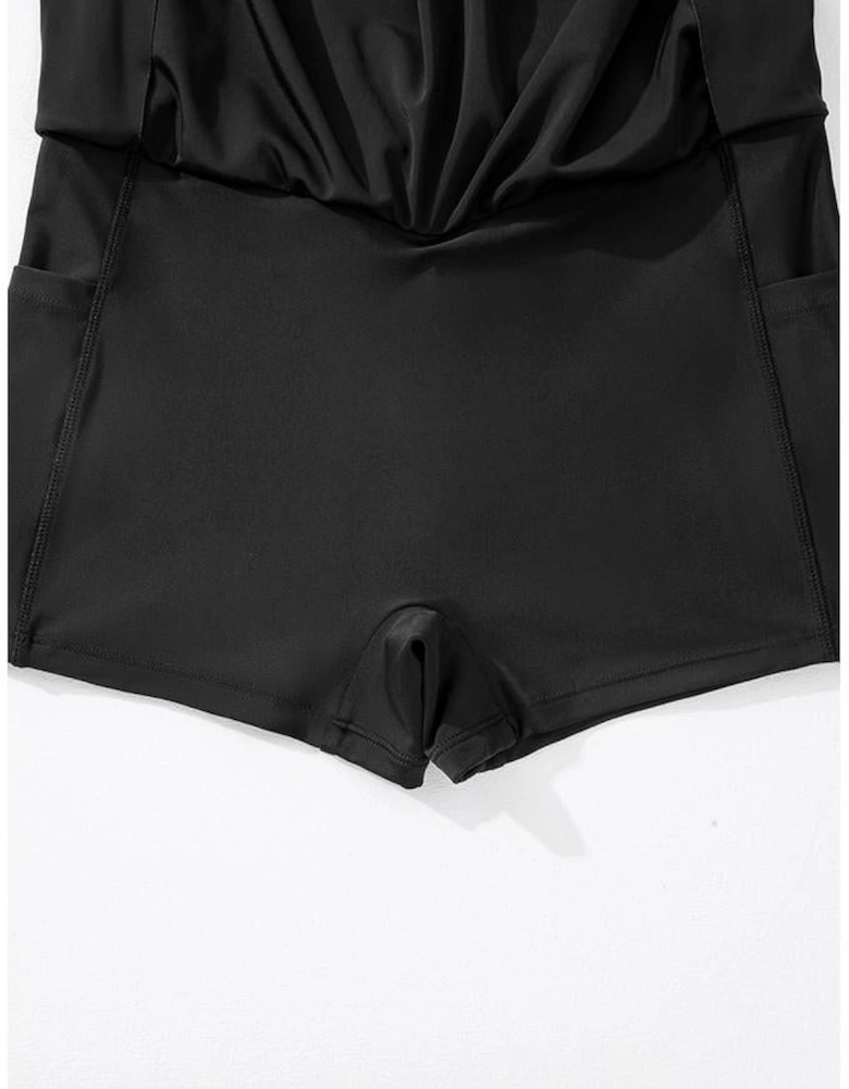 Black Solid Pocketed Crossover High Waist Swim Skort