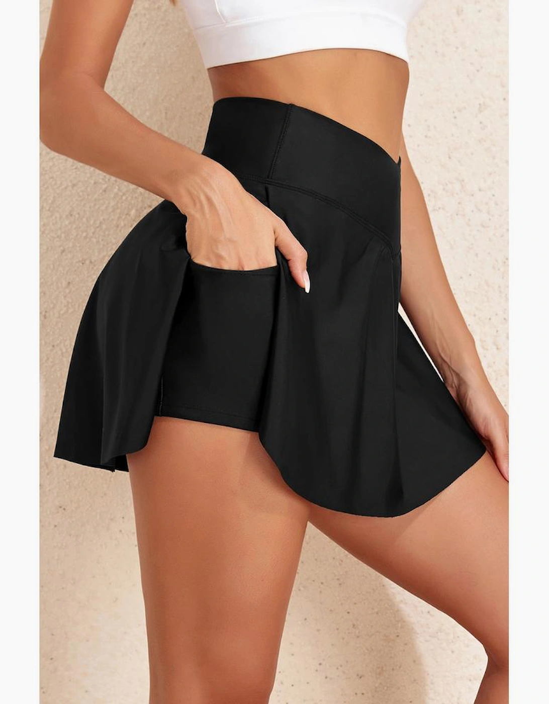 Black Solid Pocketed Crossover High Waist Swim Skort