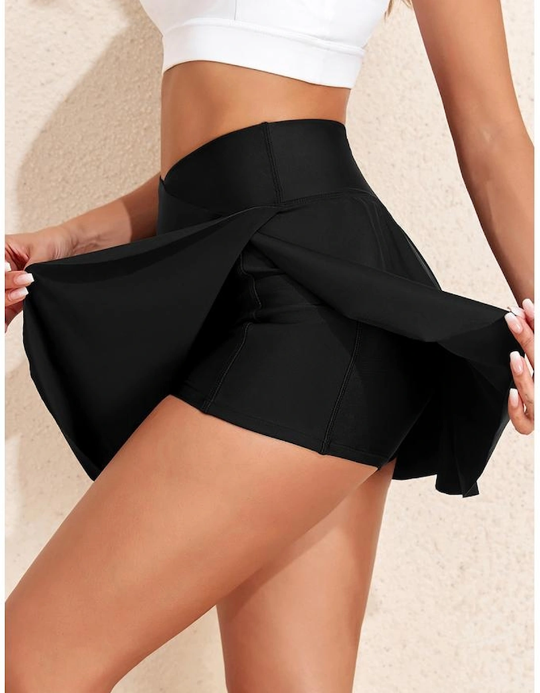 Black Solid Pocketed Crossover High Waist Swim Skort, 13 of 12