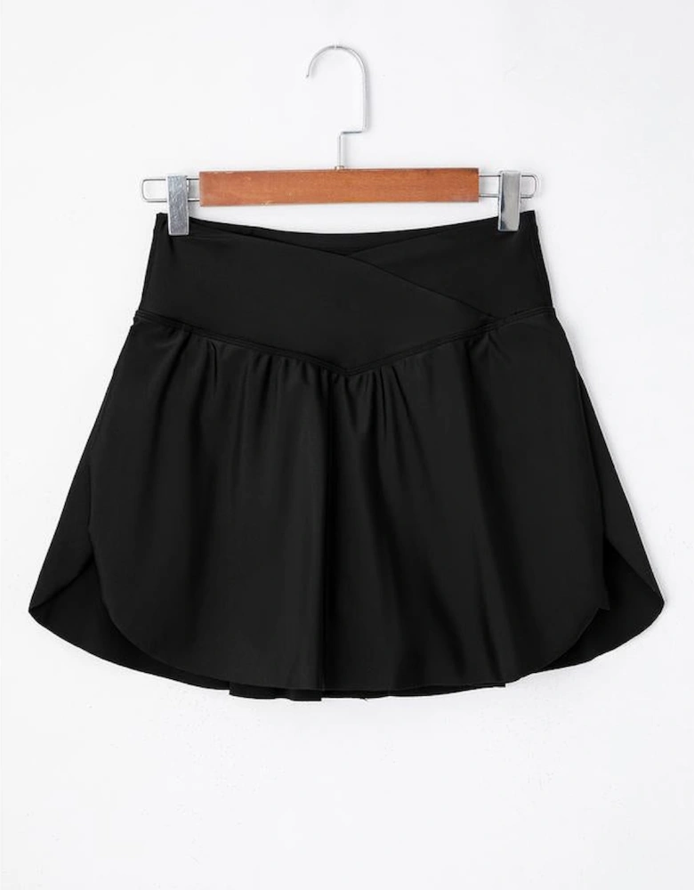 Black Solid Pocketed Crossover High Waist Swim Skort