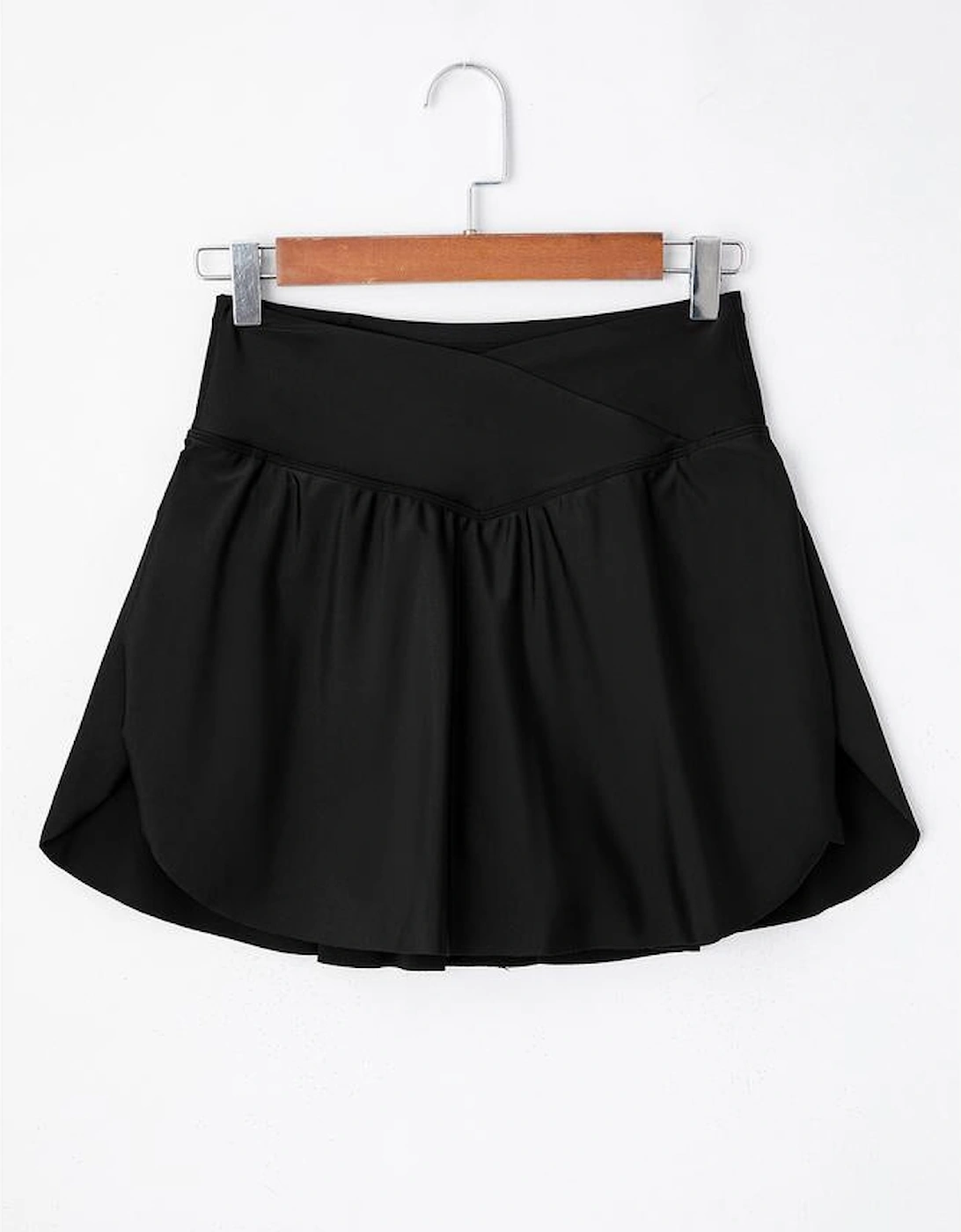 Black Solid Pocketed Crossover High Waist Swim Skort