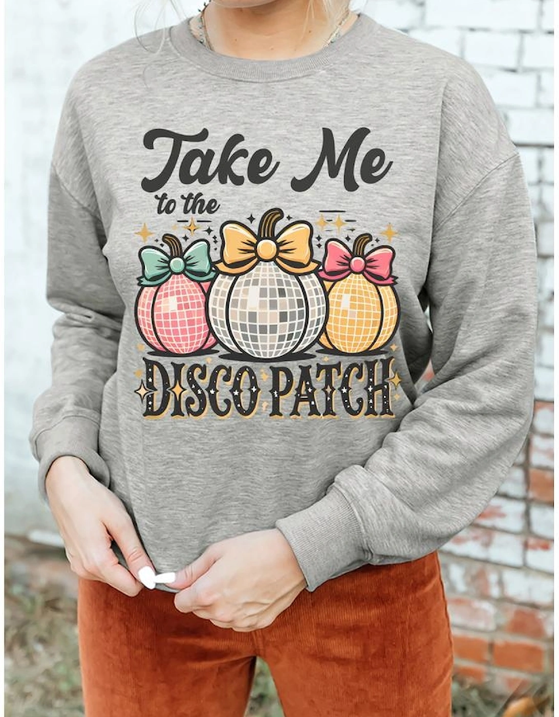 Gray Disco Ball Bowknot Pumpkin Graphic Crewneck Sweatshirt