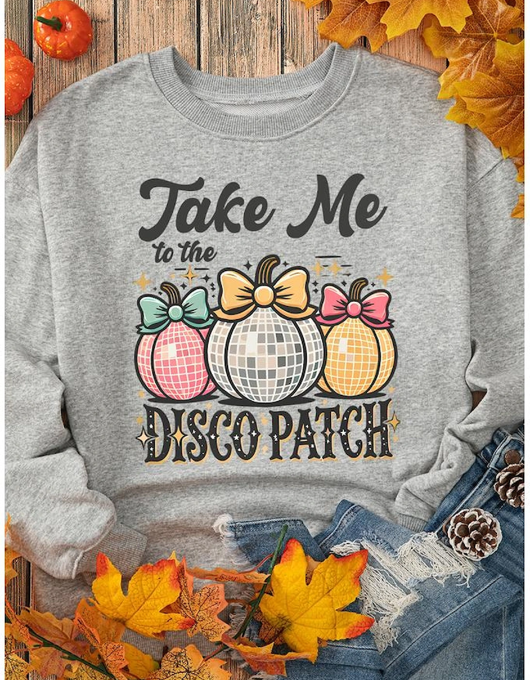 Gray Disco Ball Bowknot Pumpkin Graphic Crewneck Sweatshirt