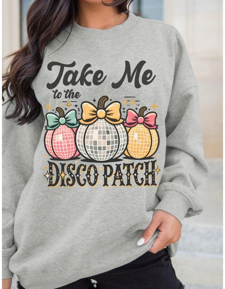 Gray Disco Ball Bowknot Pumpkin Graphic Crewneck Sweatshirt