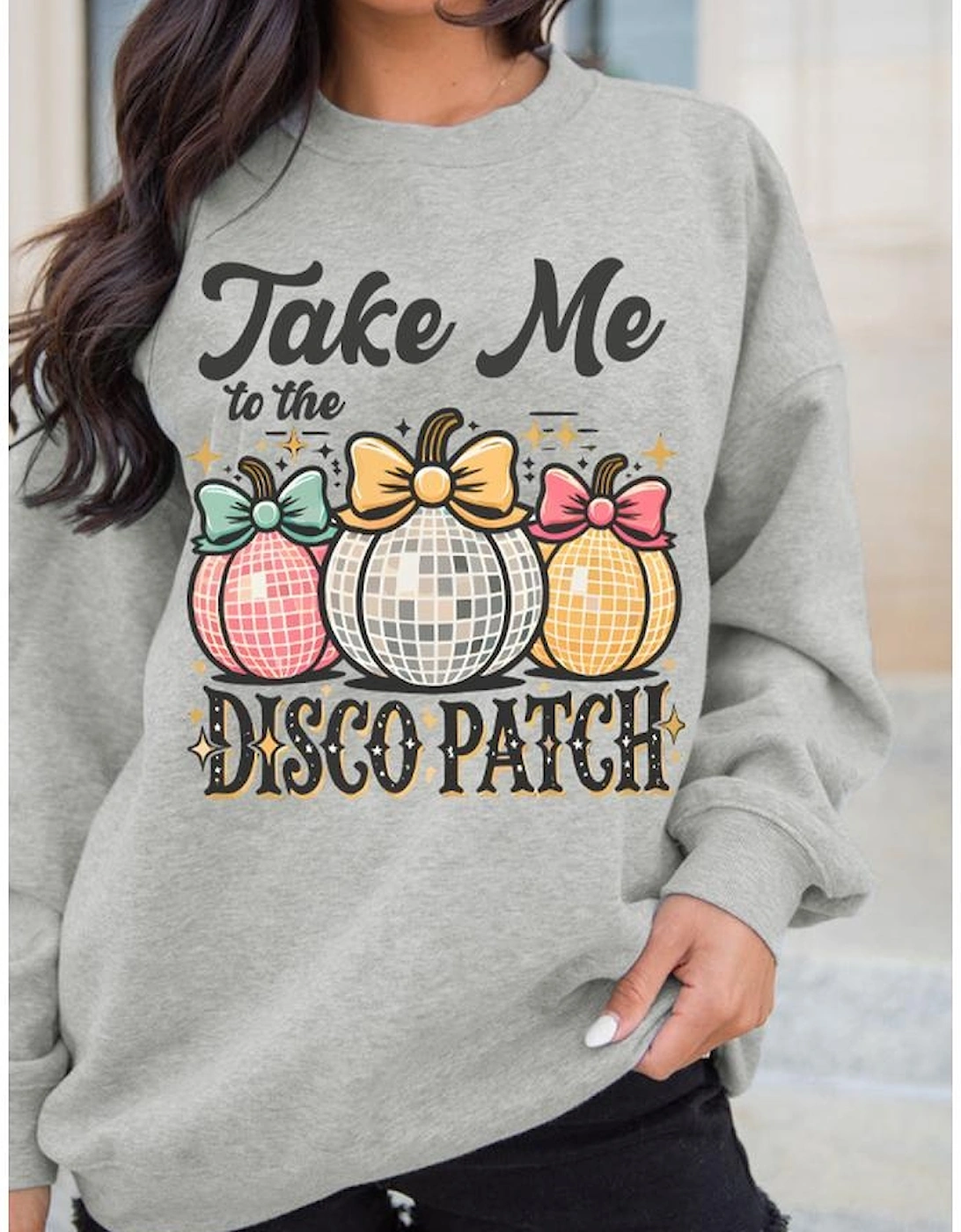 Gray Disco Ball Bowknot Pumpkin Graphic Crewneck Sweatshirt