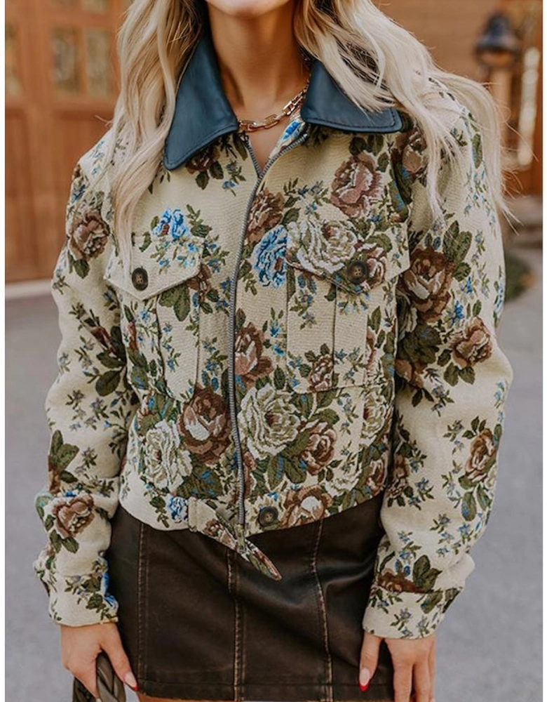Khaki Floral Print Zip Up Contrast Collared Jacket