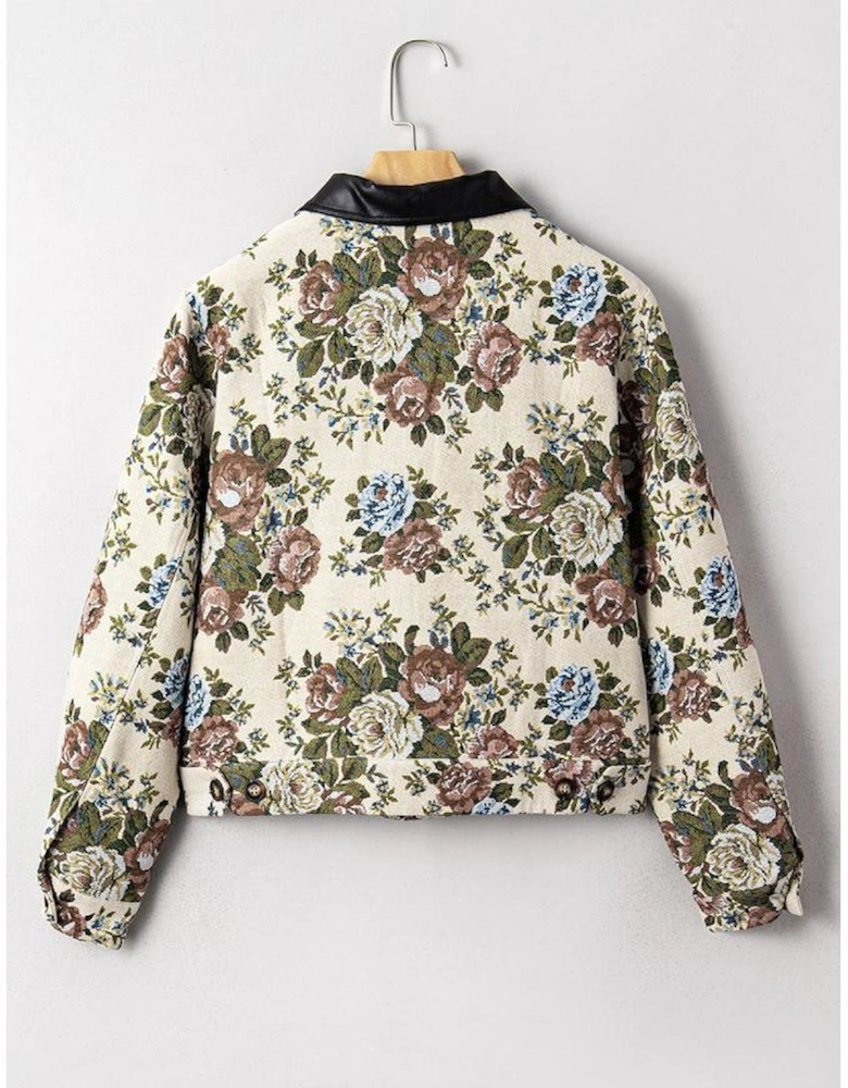 Khaki Floral Print Zip Up Contrast Collared Jacket