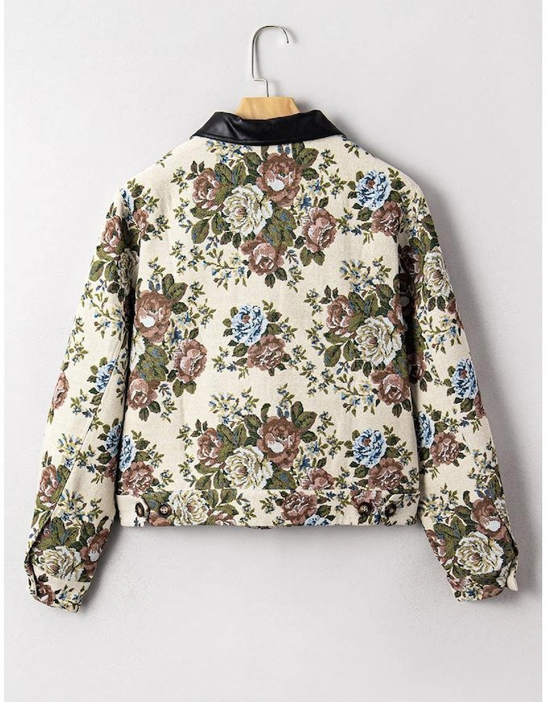 Khaki Floral Print Zip Up Contrast Collared Jacket