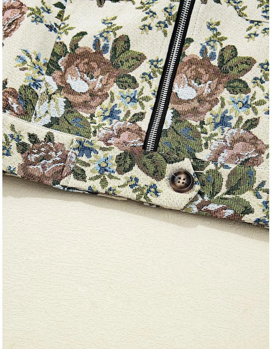 Khaki Floral Print Zip Up Contrast Collared Jacket