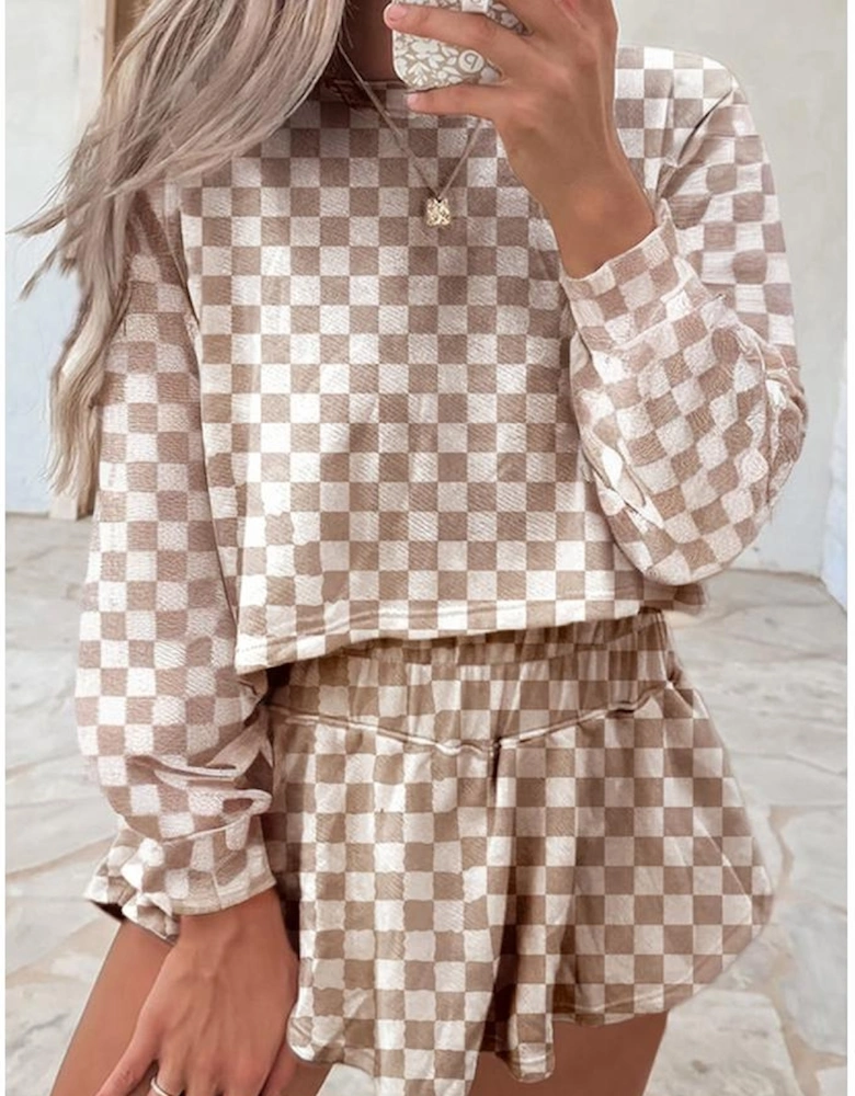 Khaki Checkered Long Sleeve Crop Top High Waist Skort 2pcs Set
