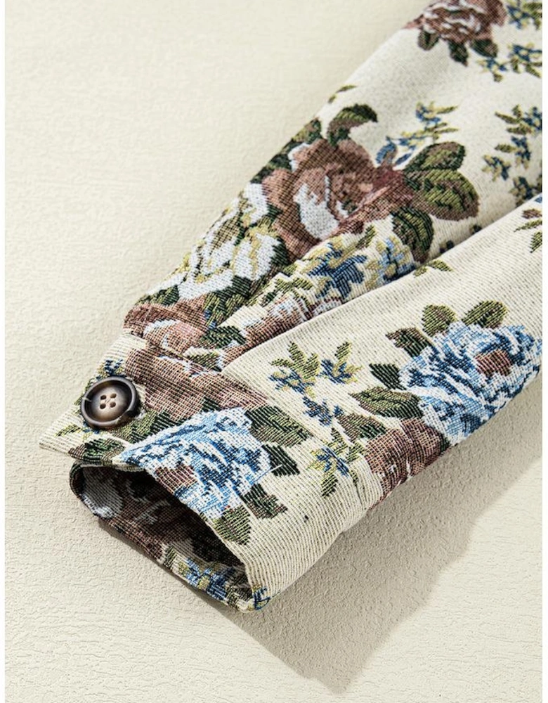 Khaki Floral Print Zip Up Contrast Collared Jacket