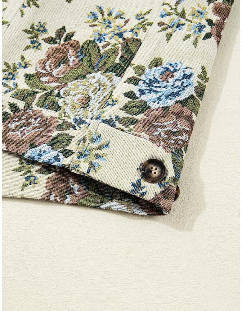 Khaki Floral Print Zip Up Contrast Collared Jacket