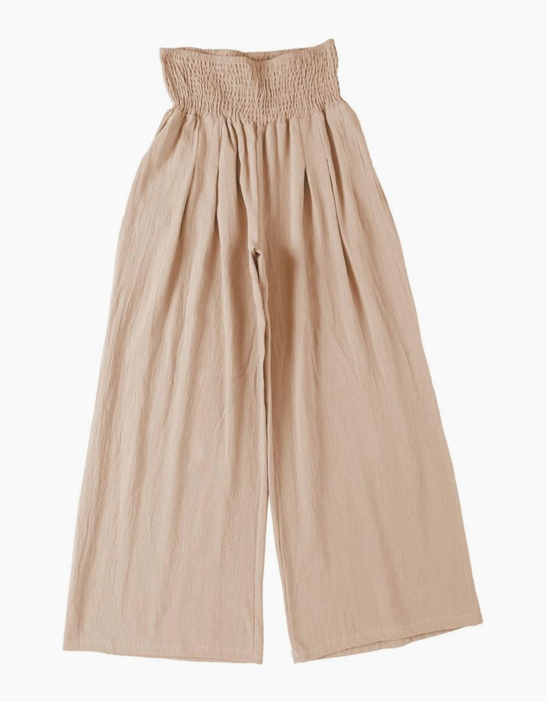 Khaki Smocked Wide Waistband High Waist Wide Leg Pants