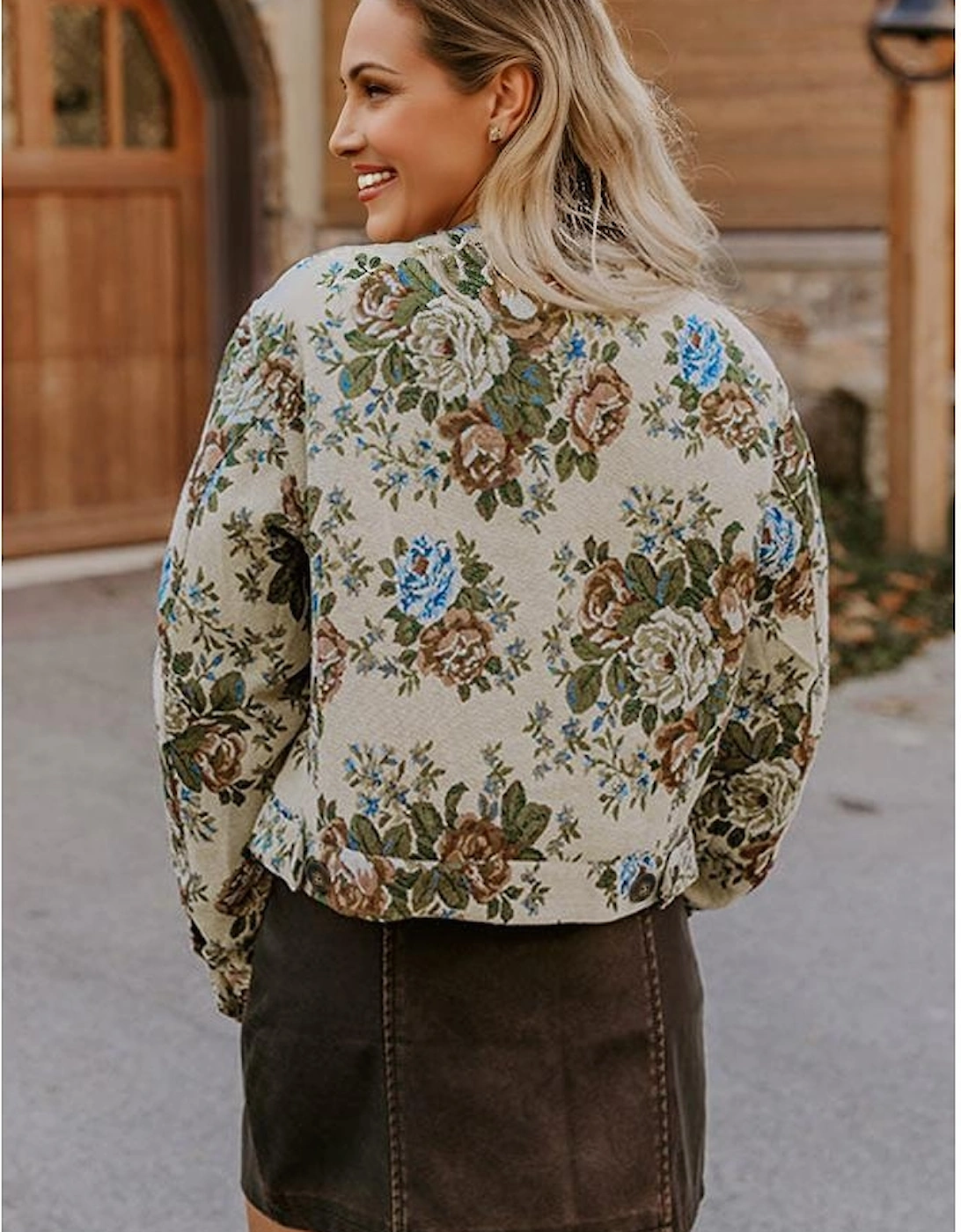 Khaki Floral Print Zip Up Contrast Collared Jacket, 13 of 12