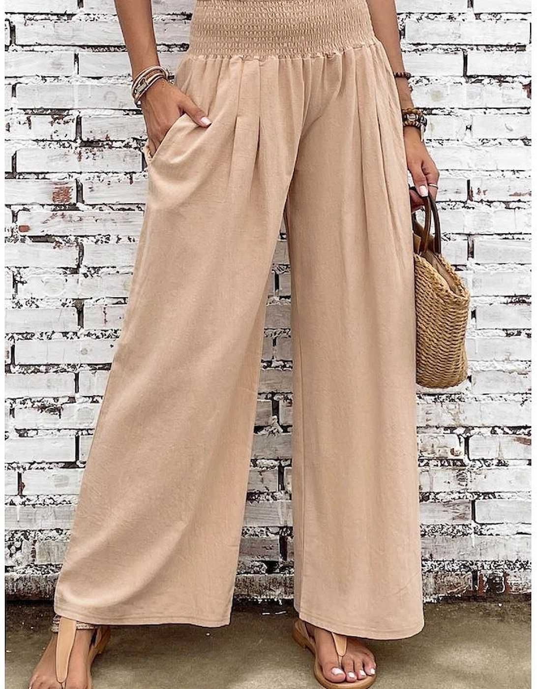 Khaki Smocked Wide Waistband High Waist Wide Leg Pants, 16 of 15