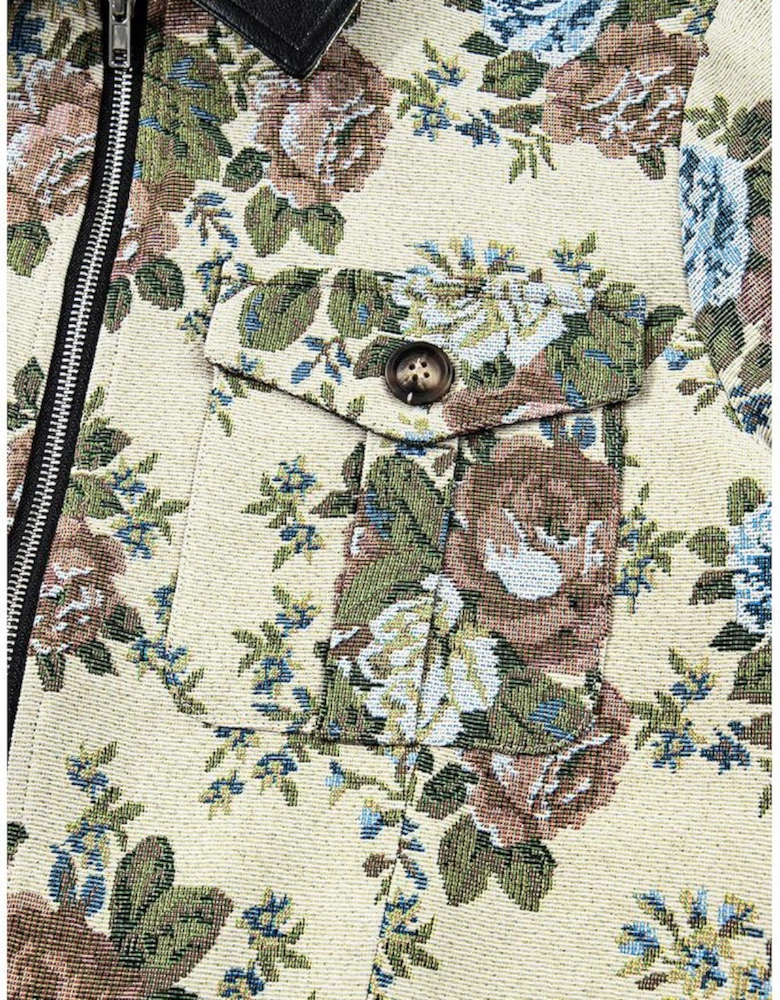 Khaki Floral Print Zip Up Contrast Collared Jacket