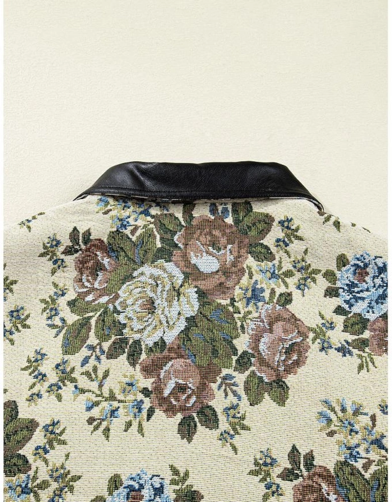 Khaki Floral Print Zip Up Contrast Collared Jacket